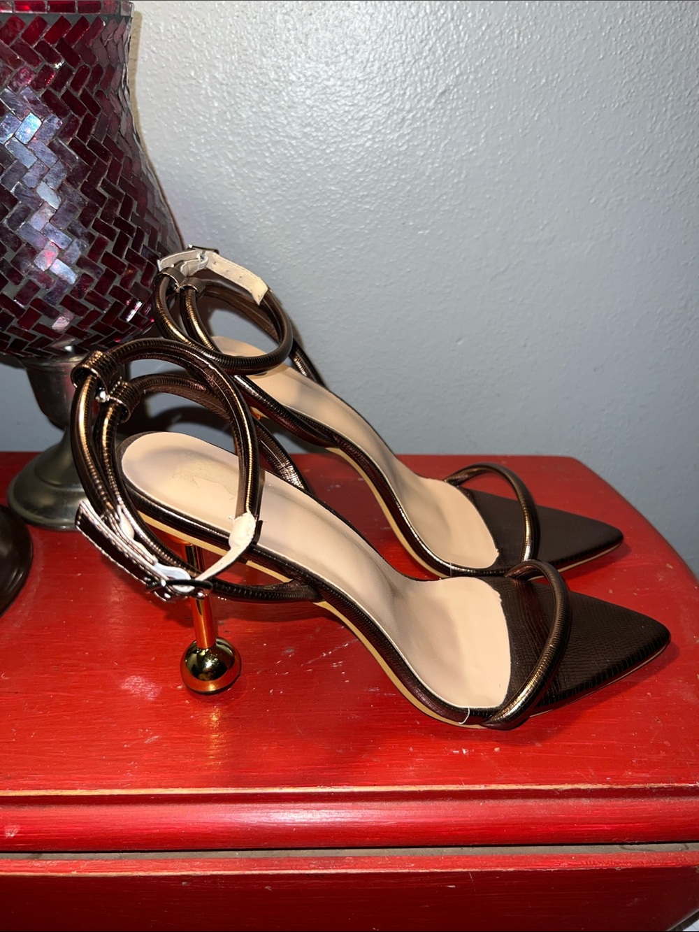 SHEIN Glitzy Metallic Bronze Strappy Heels with Gold Sculptural Ball Heel - Picture 6 of 8